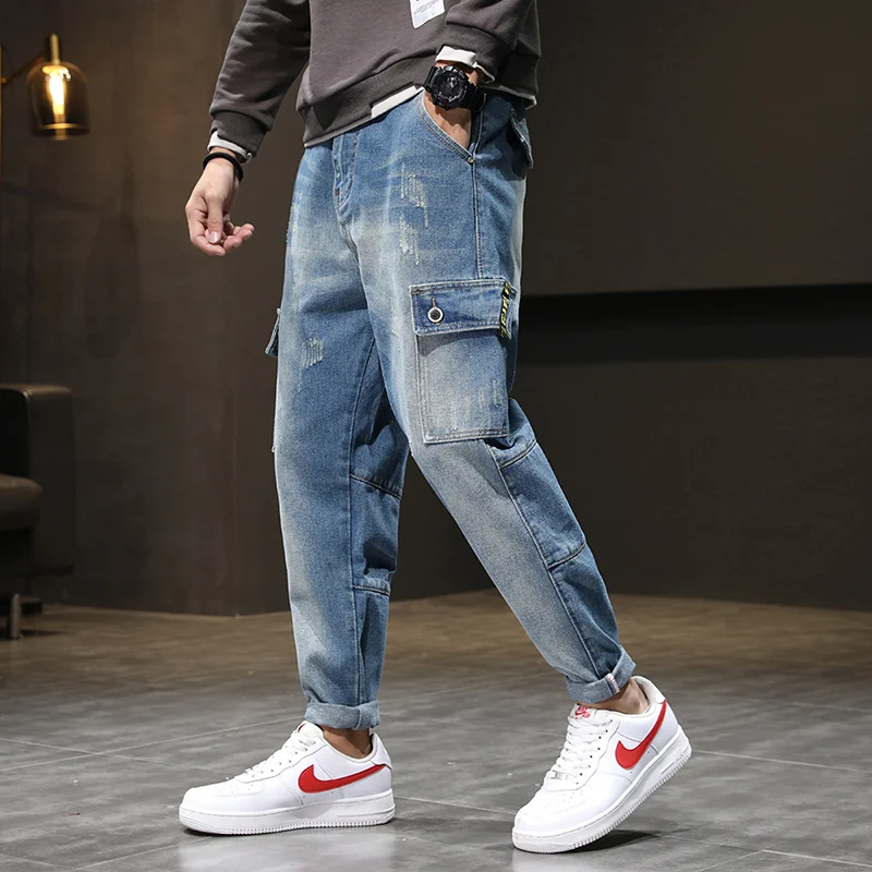 Штаны-шаровары брюки мужские джинсы светильник синий мешковатые человек