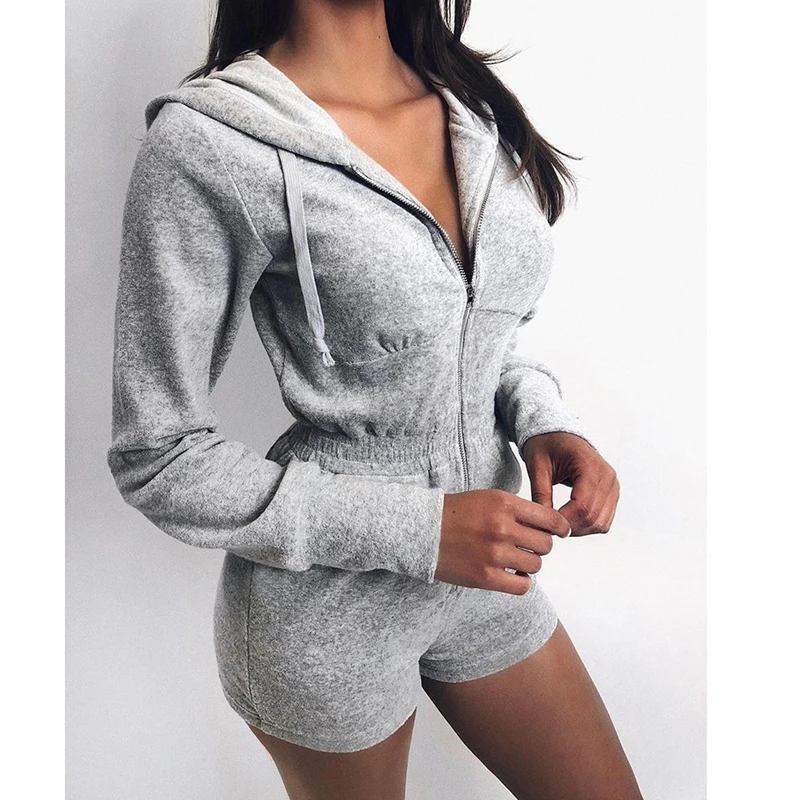 

Женский костюм пляжного типа с длинным рукавом и воротником-капюшоном, повседневный однотонный трико на молнии, Спортивная повседневная Уличная одежда, новинка 2021