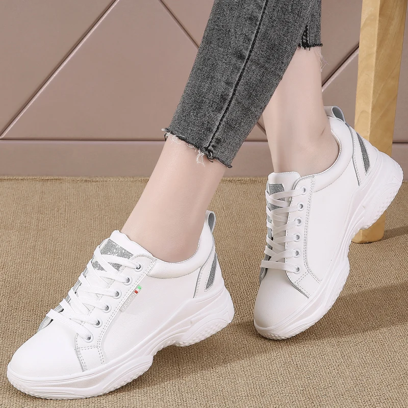Women Tennis Shoes Air Cushion Sports Shoes High Heels Lace Up Female Leather Footwear Outdoor Thick Bottom Women Sneakers