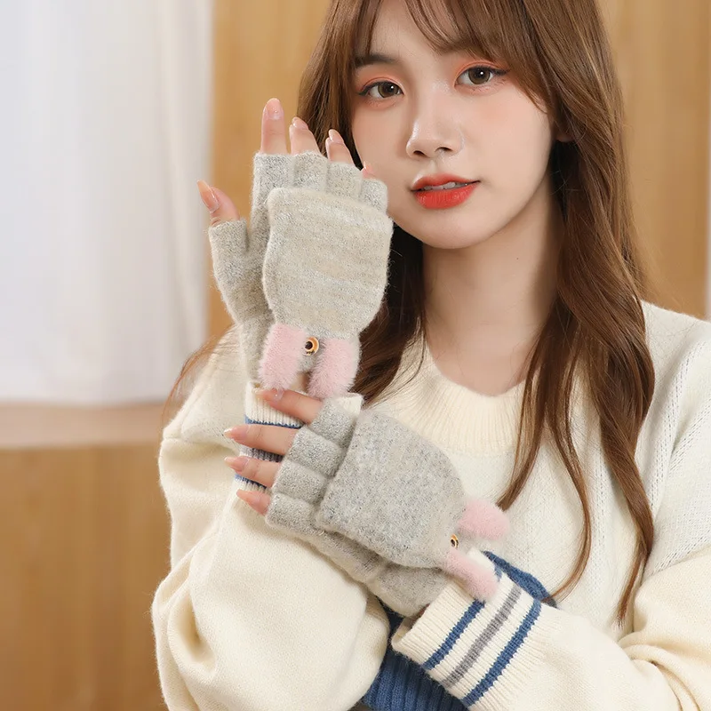 

Gloves Women Winter Knitted Flip Fingerless Thick Faux Fur Cute Hand Warmer Glove Exposed Finger Female Young Students G066