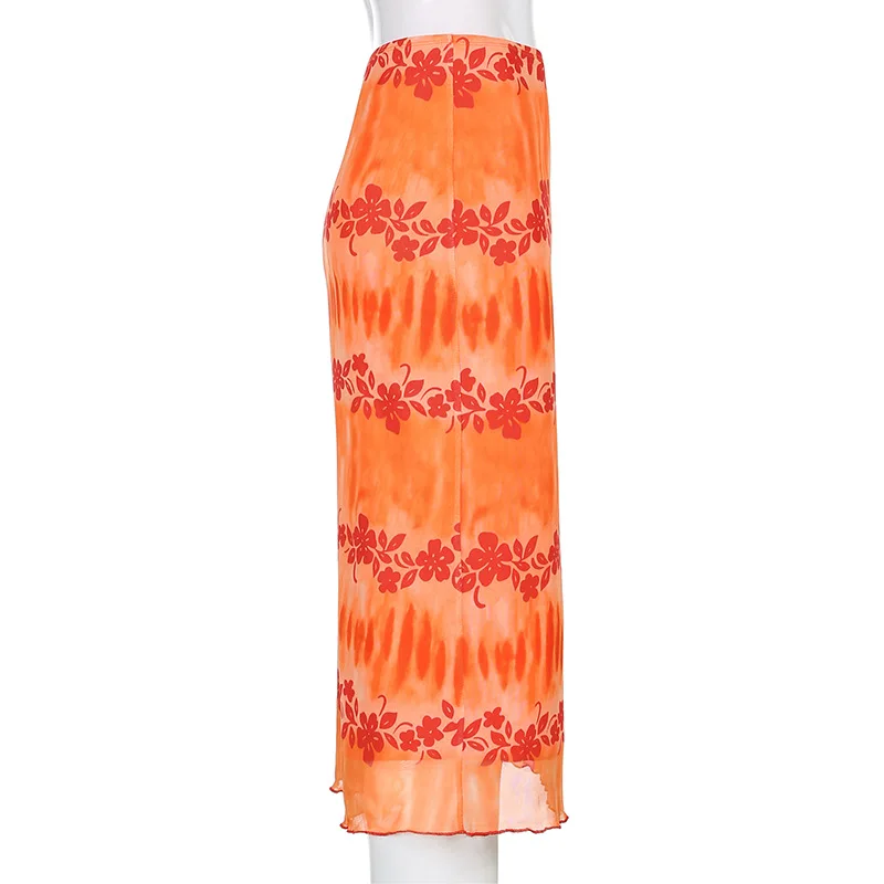 

Y2K Midi Skirt Women Aesthetic Floral Printed Harajuku Kawaii Summer 2021 Orange High-Waisted Skirts Beach Fashion Traf Outfit