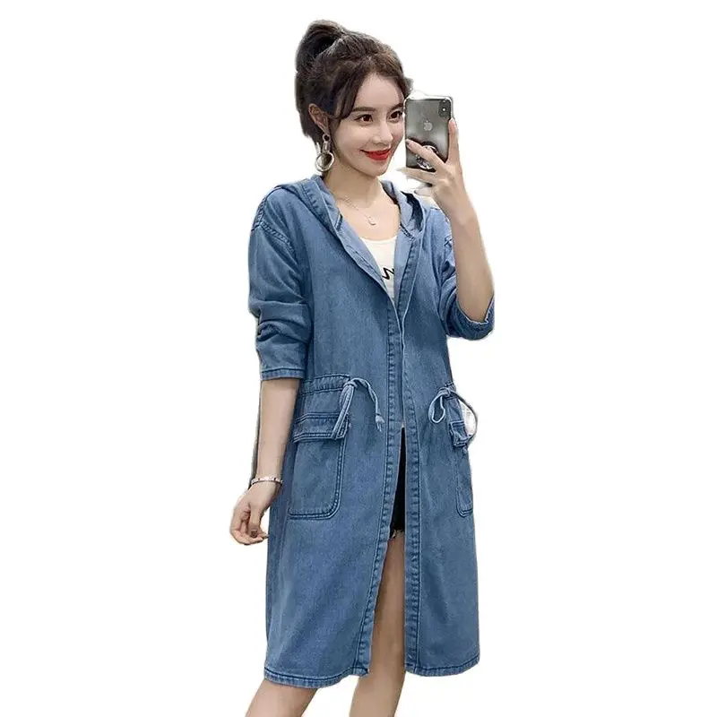 

Oversize Casual Cowboy Trench Coat For Women Loose Outwear Hooded Long Denim Windbreaker Coats With Drawstring Female Denim Coat