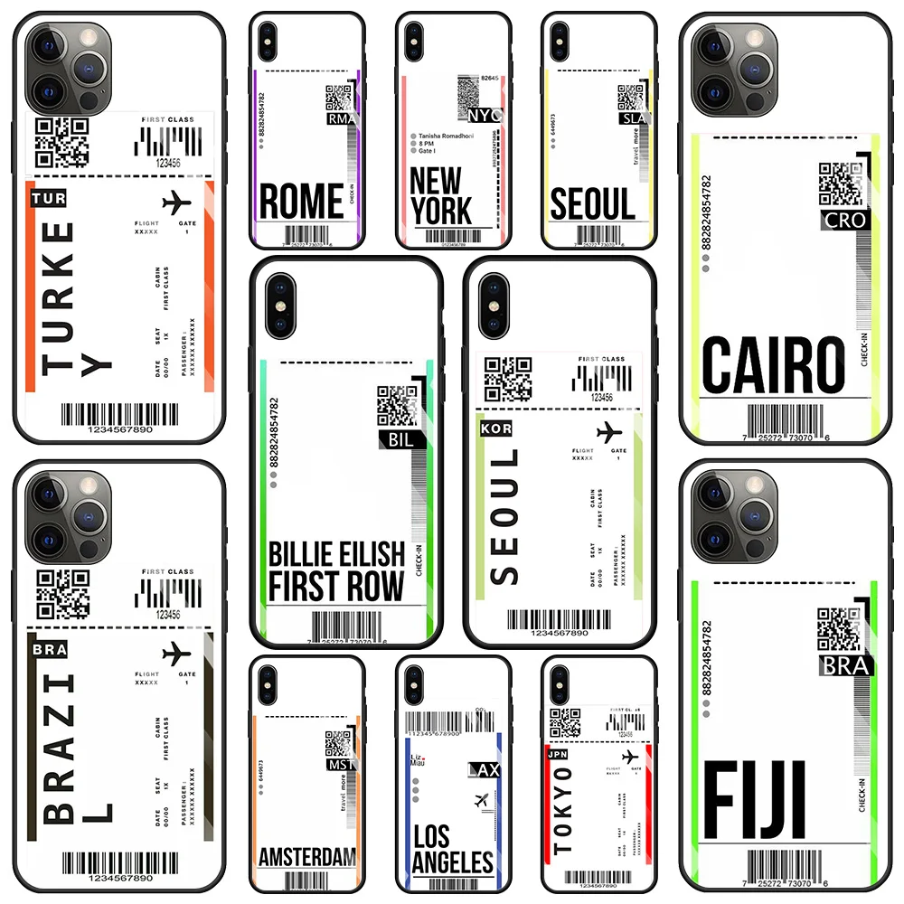 

Airline Ticket Barcode Tempered Glass Case For iPhone 13 12 11 Pro Max 12Mini X XR XS Max 8 7 6s Plus SE 2020 Cover Phone Shell
