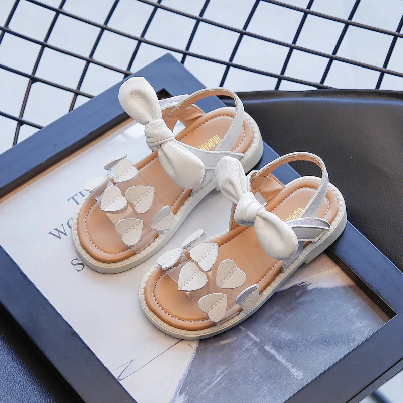 

Girls Sandals Size 23-34 2021 Summer New Fashion Love Princess Shoes Little Girl Beach Sandalias One Line Bow Flat Roman Shoes