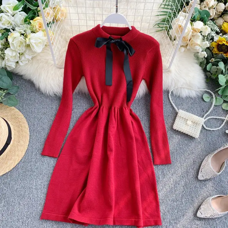 ALPHALMODA осеннее трикотажное платье с длинными рукавами и галстуком-бабочкой, милое женское платье с тонкой талией в консервативном стиле, трикотажное платье