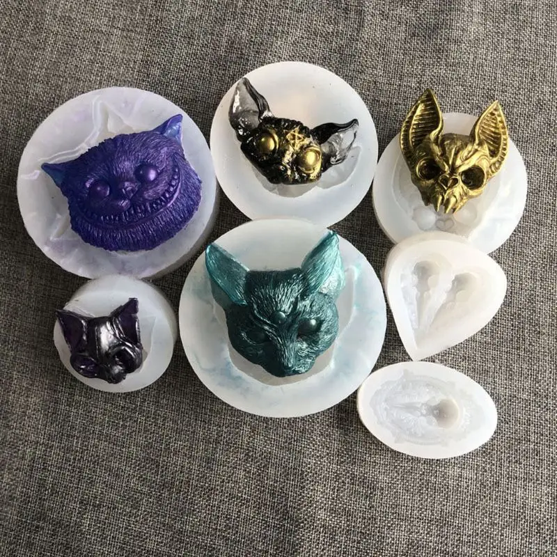 Epoxy Resin Cat Charms Silicone Molds Jewelry Casting Sphynx Cat 3 Eyes Kitty Horns Kitten Head Raven Crow Skull Mold