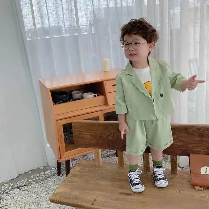 

Children Short Sleeve Suit Set New Summer 2021 Boys Girls Double Breasted Blazer Shorts 2pcs Outfits Kids Casual Party Costume