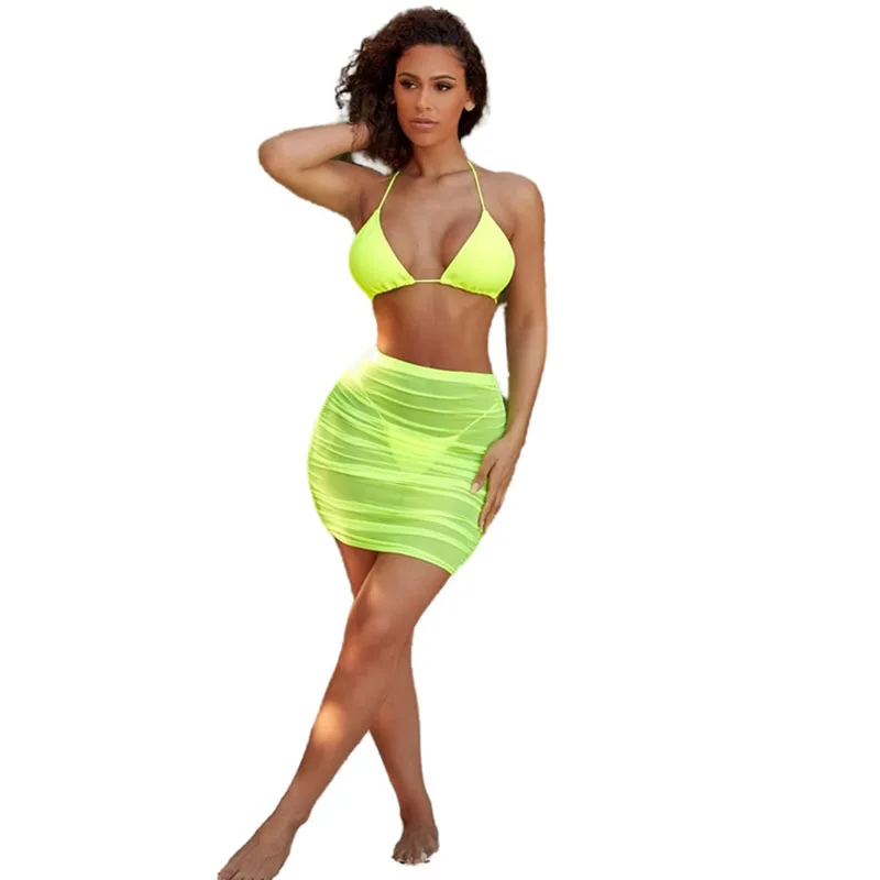 

Sexy Mesh Sheer 3 Piece Bikini Set Backless Crop Top Thong Bodycon Mini Dress for Women Summer Swimsuit Beachwear Outfit