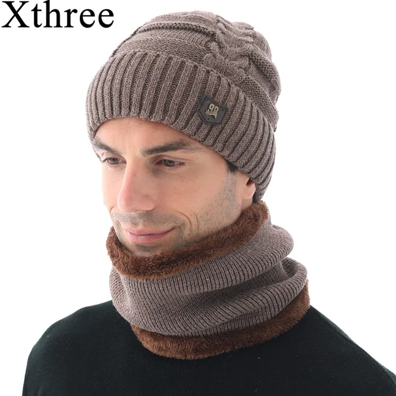 Xthree Winter Skullies Hat For Men Beanies Wool Knitted Scarf With Lining Male Gorras Bonnet Hats Beanie | Аксессуары для одежды