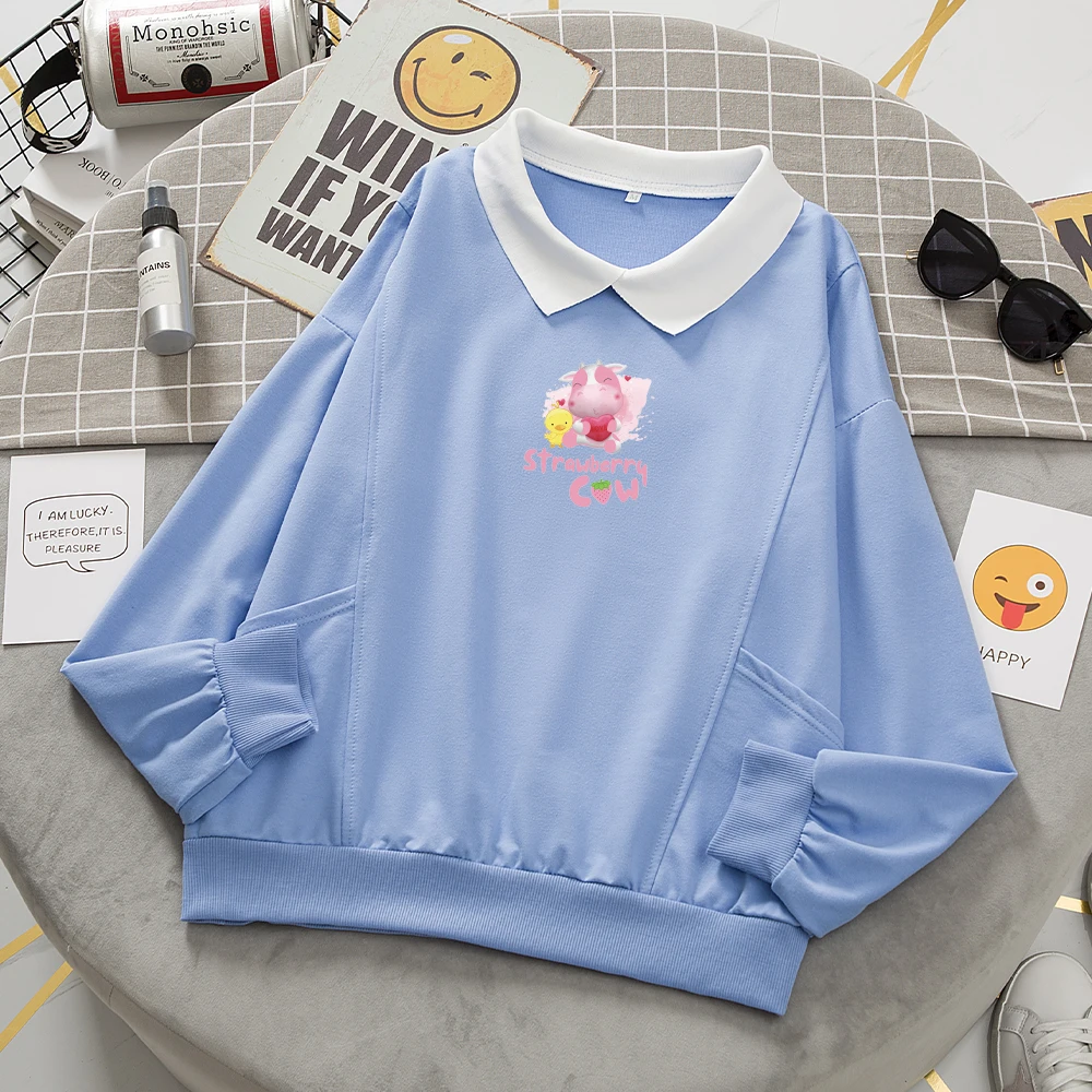 Harajuku Turn-down Collar Sweatshirts Cute Hoodies Kawaii Strawberry Cow Print Cotton Polo Shirt Women Sweetshirts Long Sleeve