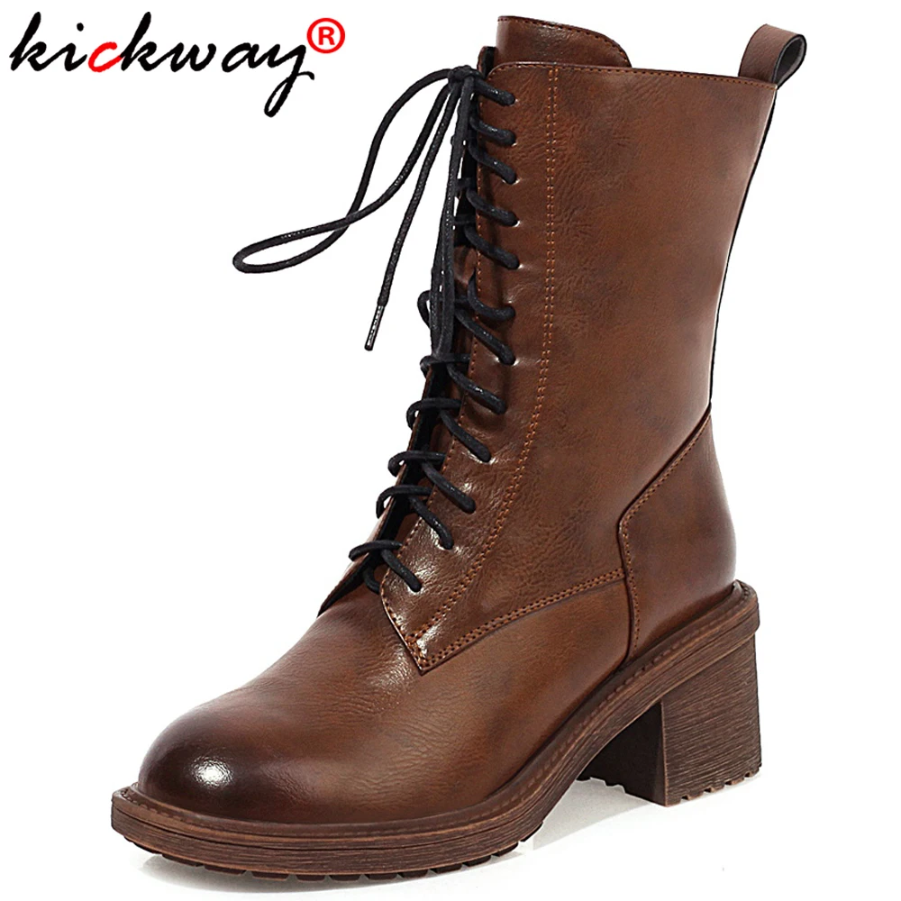 

Kickway lace up pu leather women ankle boots Round Toe Motorcycle Chunky High Heels shoes women large sizes 40 Booties woman