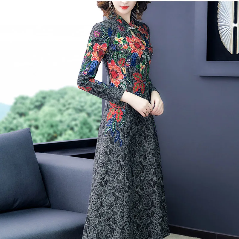 

Autumn Vintage 5XL Plus Size Chinese Style Plush Padded Dress Winter Casual Floral Warm Midi Dress Elegant Women Bodycon Vestido
