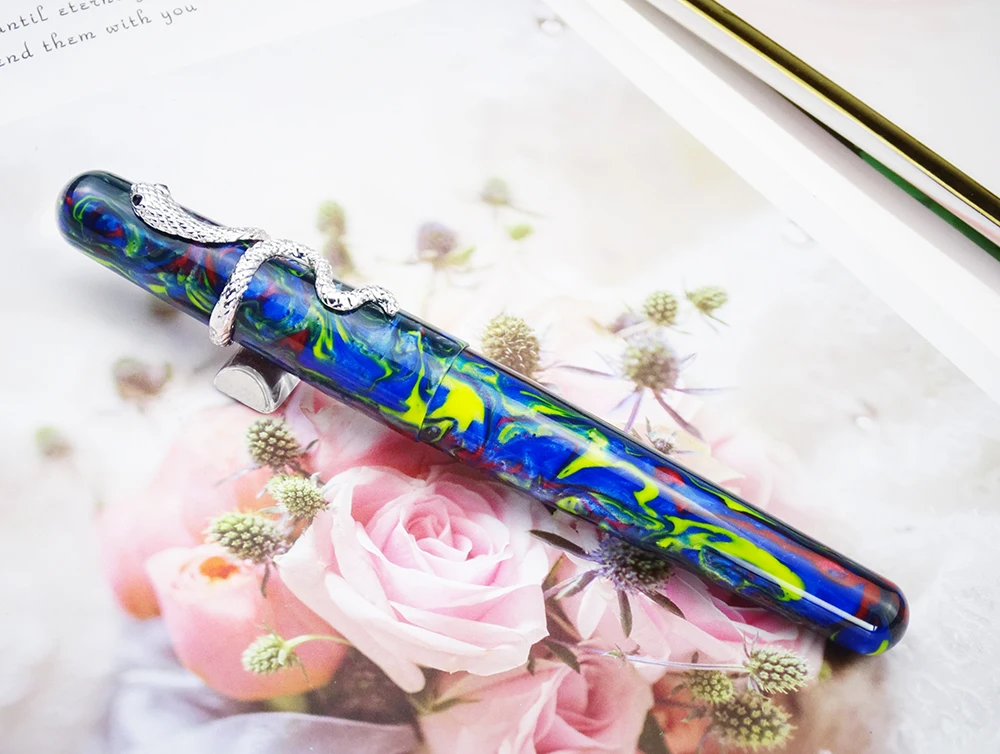 

NEW ARRIVAL Fuliwen 017 Fountain Pen Blue Resin Acrylic Starry Night Big Size Pen with Unique Snake Ring M Nib Luxury Ink Pen