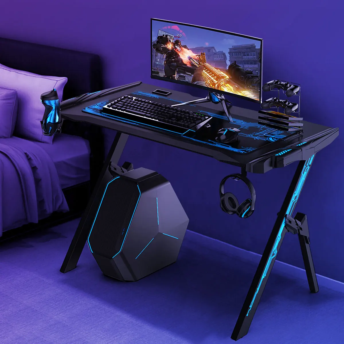 

47.2" Professional Gaming Desk Table Study office Computer Table With Audio Sensor RGB LED Lights Cup Holder Headphone Hook