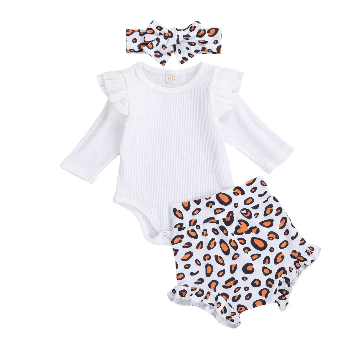 

Комплект одежды для новорожденных девочек, Белый боди с длинными рукавами и оборками + шорты с леопардовым принтом, новинка 2020 года, осенняя ...