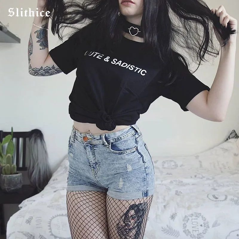 

Slithice милая и садистская женская футболка в стиле панк с буквенным принтом футболки Harajuku Tumblr модная черная женская футболка Топы для женщин