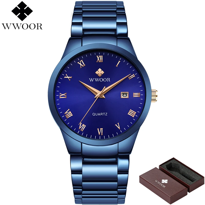 Blue Rose Gold Бренд WWOOR роскошные мужские водонепроницаемые Бизнес Кварцевые часы Мужские Аналоговые часы с датой мужские синие спортивные наручные часы из нержавеющей стали подарок - Цвет: Blue Rose Gold