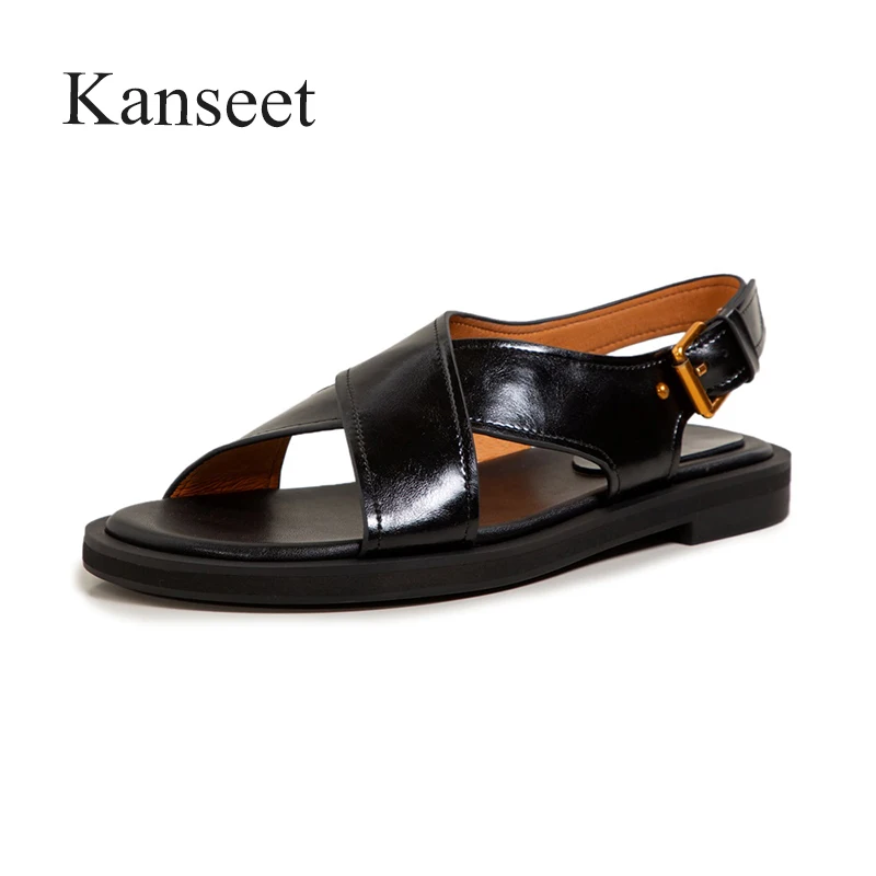 

Kanseet New 2021 Summer Casual Women's Sandals Round Toe Buckle Comfort Low Heels Shoes Concise Handmade Lady Daily Female Shoes