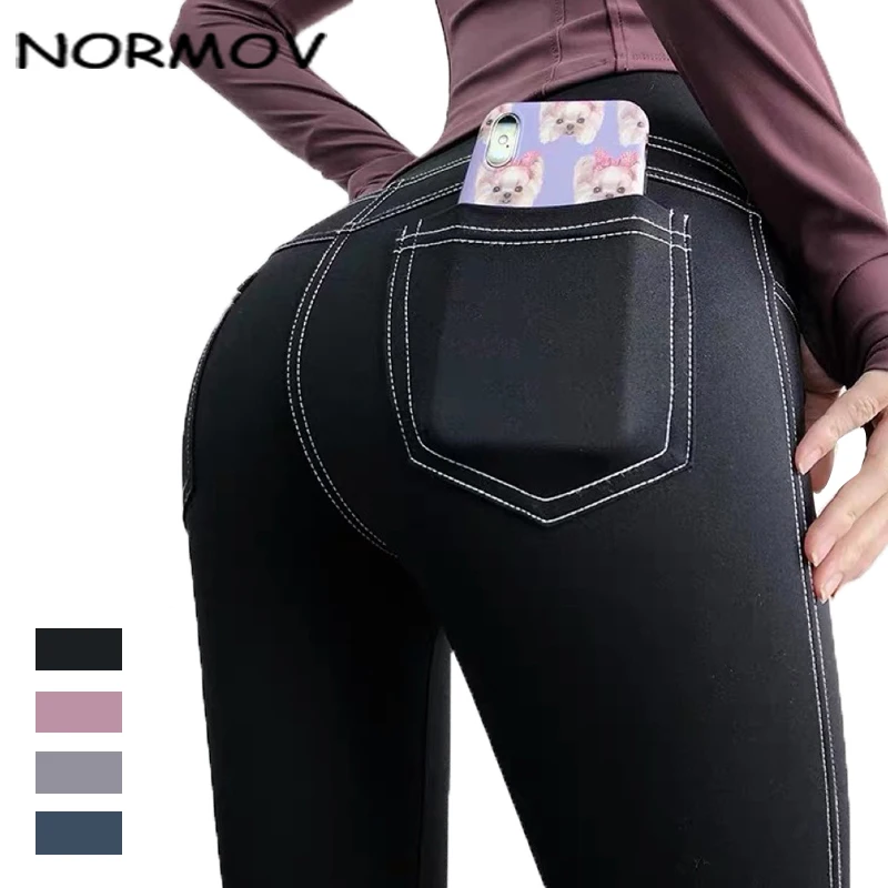 

NORMOV Leggings Women Fitness High Waist Push Up Ankle Length Polyester Leggins Workout Solid Pockets Leggings Femme