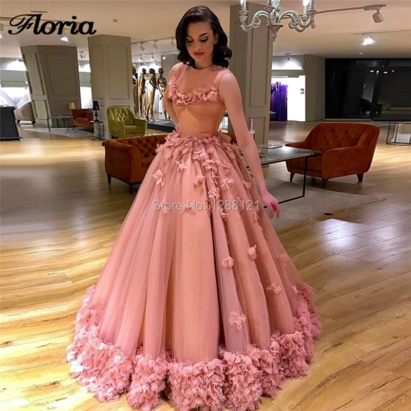 

3D Flower Women Evening Dresses Pink Sleeveless Latest Design 2019 Robe De Soiree Arabic Prom Dress Middle East Party Gowns New