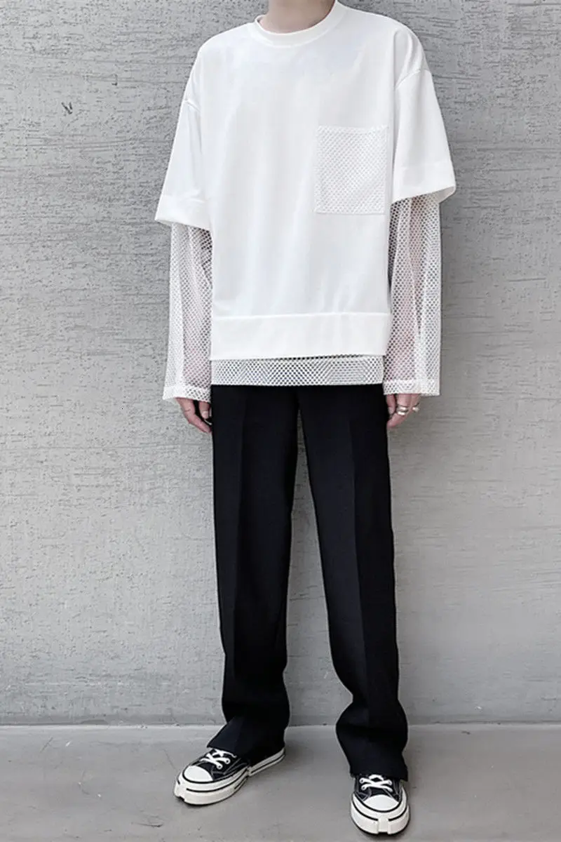 

IEFB Men's Wear Black White Round Neck Fake Two-piece Long Sleeve Mesh Stitching Fashion All-match Tops Oversize Tops 9Y3824