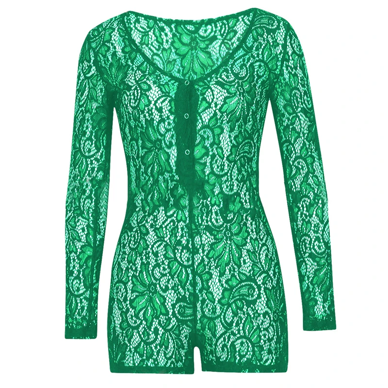 

Sexy Women Leotard Playsuit Bodysuit Homewear Lace Romper Ladies Bodycon Jumpsuit V-neck Boduycon Button Long Sleeve