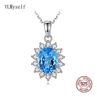 real 925 sterling silver pendant necklace 4045cm5cm chain with big oval blue zircon jewelryanniversary gift