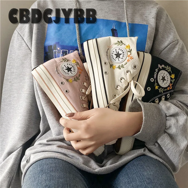 Женские высокие парусиновые туфли с вышивкой повседневные кроссовки на плоской