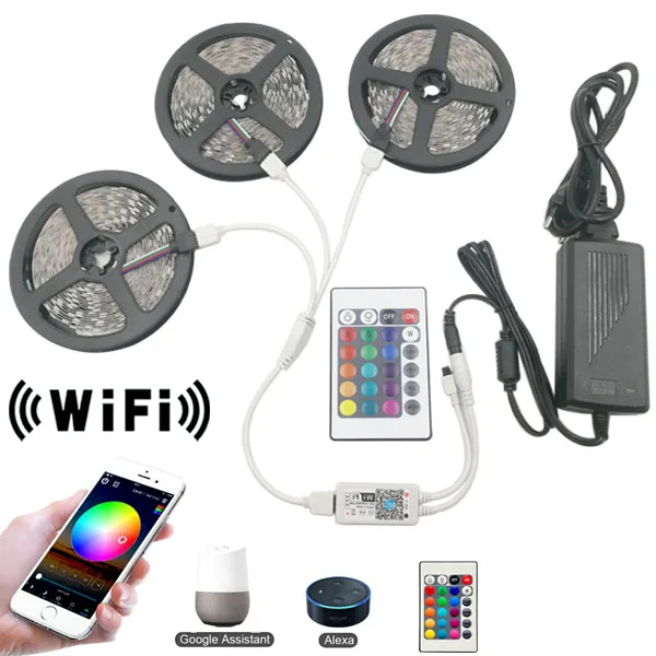 5M 2835 RGB WIFI LED Strip light Waterproof 10M 15M 5050 Led Ribbon Tape With WIFI Wireless Controller DC 12V Adapter Stripe Kit - Испускаемый цвет: 15m Set