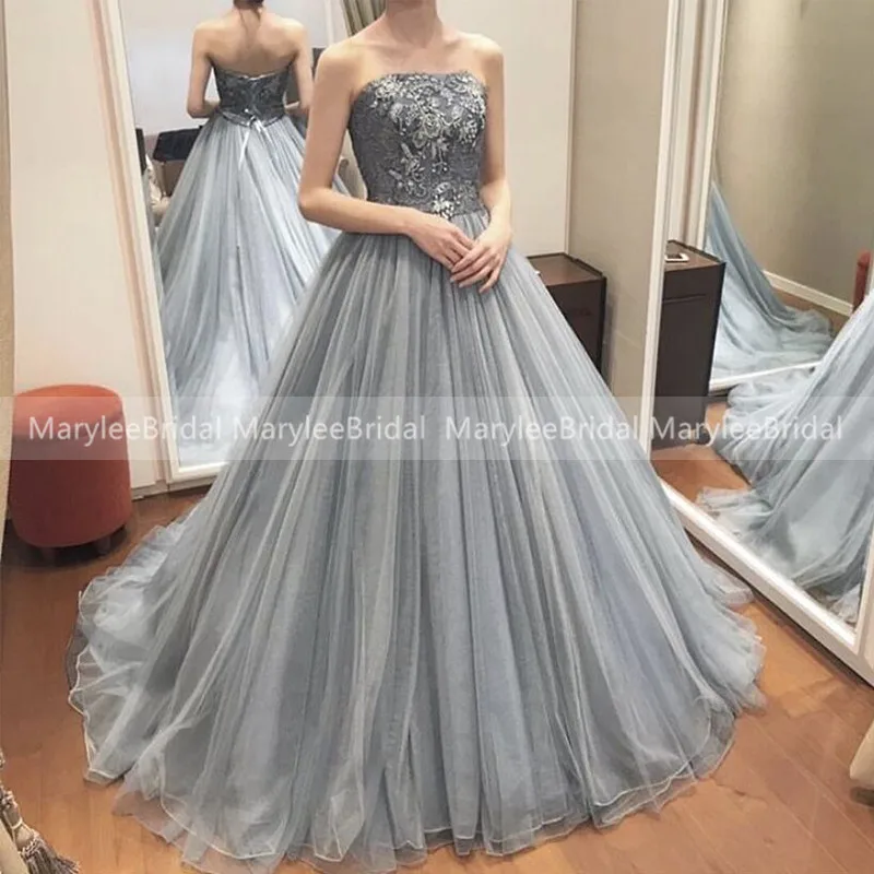 

Grey Strapless Quinceanera Dresses Princess Ball Gown Corset Back Tulle Formal Prom party Dresses vestidos 15 anos princesa