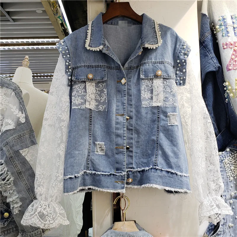 

Flare Lace Sleeve Patch Denim Jacket For Women Summer Coat Handmade Beaded Mesh Patchwork Jeans Loose Lady Slimming Short Top