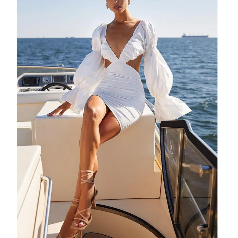 

2021 spring summer new women's dress deep V collar bubble sleeve hollow sexy fashion open back female solid color hip dress