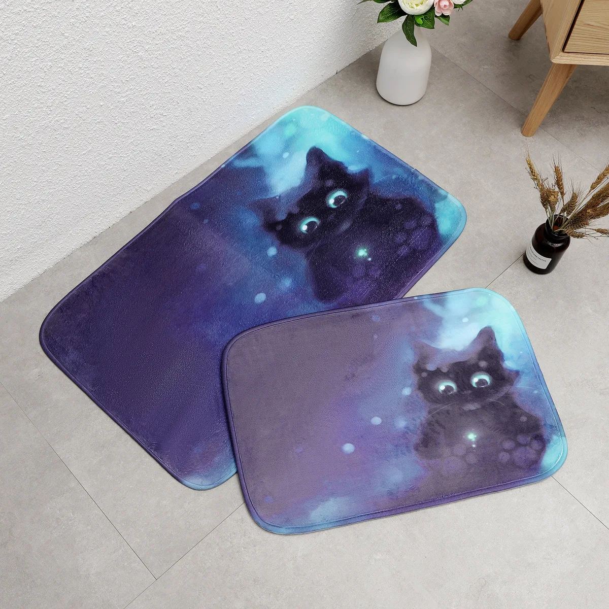 

Kawaii Black Cat with Glowworm Floor Mats Living Rooms Anti-slip Carpet for Bedroom Kitchen Bathroom Rug Welcome Mats Front Door