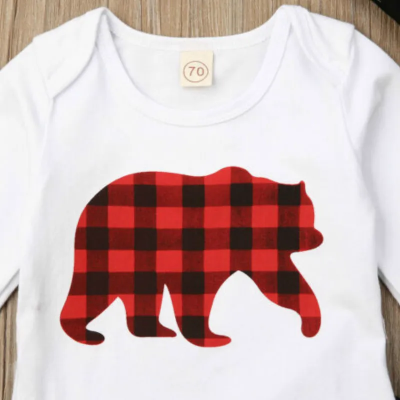 

3PCS Newborn Baby Boy Girl Bear Printed Romper Bodysuit + Long Pants + Hat Christmas Outfits Set