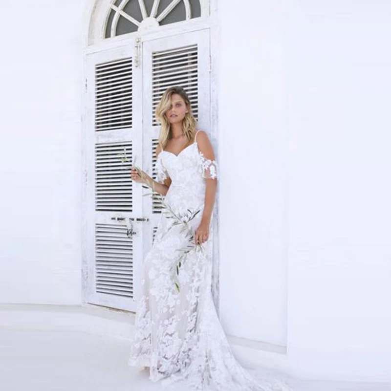 

Modern Stunning White A Line Lace Backless Bridal Wedding Dresses Spaghetti Straps Draped Short Sleeve Wedding Gowns for Bride