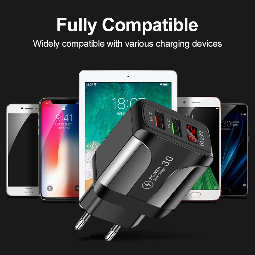 

Travel USB Charger Adapter 5V 2.1A With Display QC 3.0 Quick Charger Universal Power Adapter Wall For Iphone 12 XiaoMi EU/US/UK