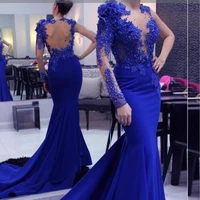 royal blue mermaid evening dress 2020 jewel neckline one shoulder full sleeves crystal beaded long evening dress vestidos