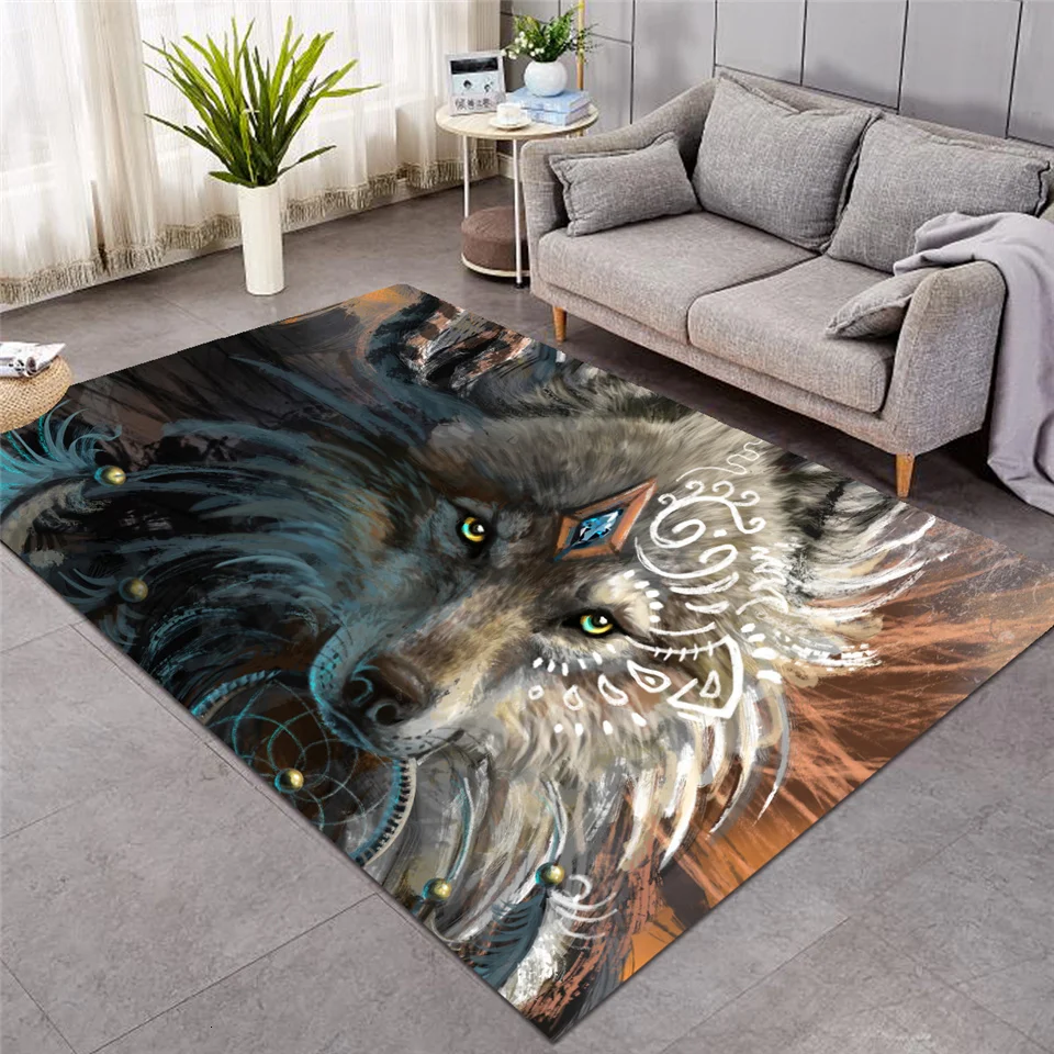 

2020 Wolf Warrior by SunimaArt Large Carpet Wolf Area Rugs for Living Room Dreamcatcher Floor Mat Non-slip Fashion tapis