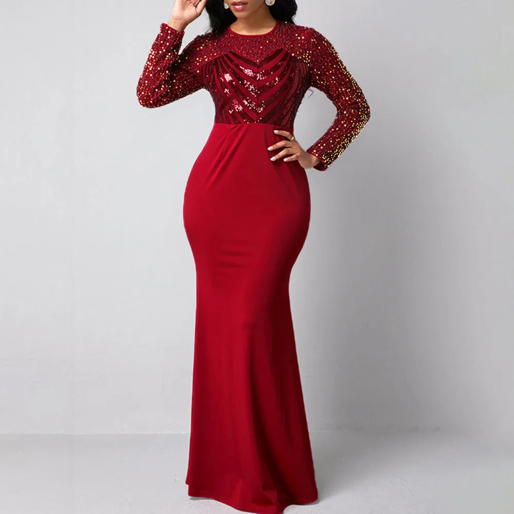 

Europe Ameri 202 Fall New Explosion Round Neck Solid Color Sequins Women's Dress Long Sleeve High Waist Mermaid Temperament