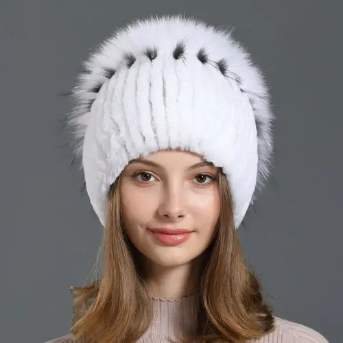 White Женская шапка из лисьего меха, теплая шапка из натурального меха кролика Рекс, шапка с серебряной шляпой, женская теплая зимняя шапка, женская элегантная шапка принцессы - Цвет: White