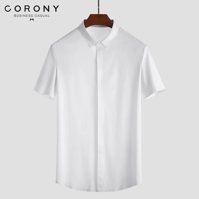 

Core high quality black shirt men's Korean fashion cool solid short sleeve elastic 19123 ice silk short sleeve