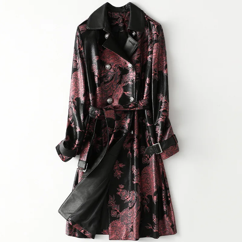 2021 Spring Real Soft Sheepskin Coat Slim Long High Quality Genuine Leather Jacket Print Windbreaker Female High Street Wear