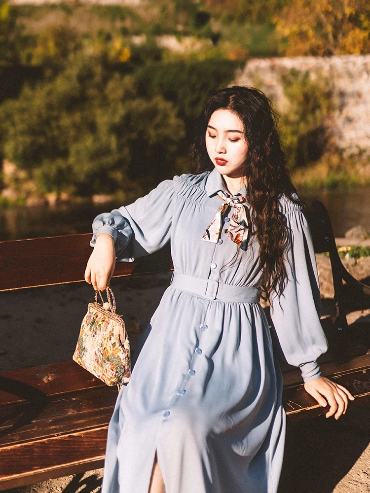 2019 Новое модное женское винтажное платье синие длинные платья | Женская одежда