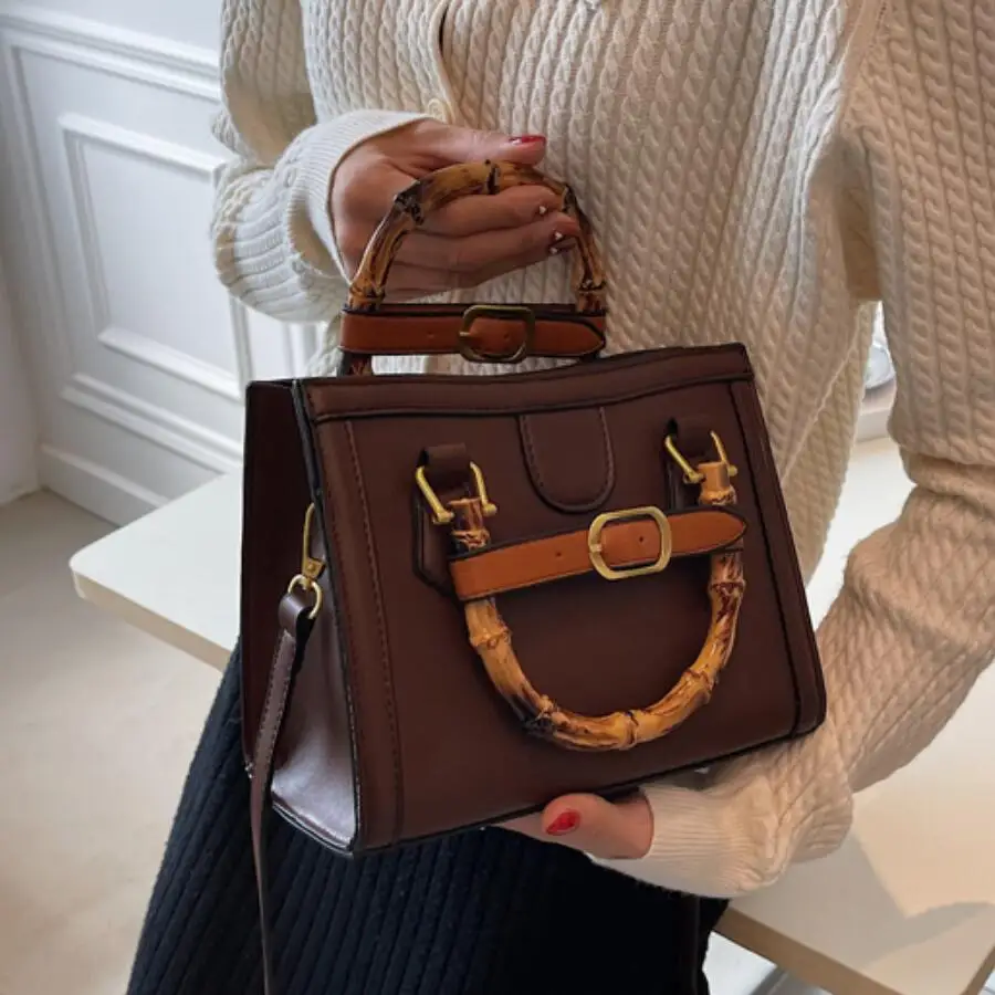 

Winter New PU Leather Handbag Women's Designer Handbag Panelled Shoulder Messenger Bag Vintage Square Totes With Bamboo Handle 2