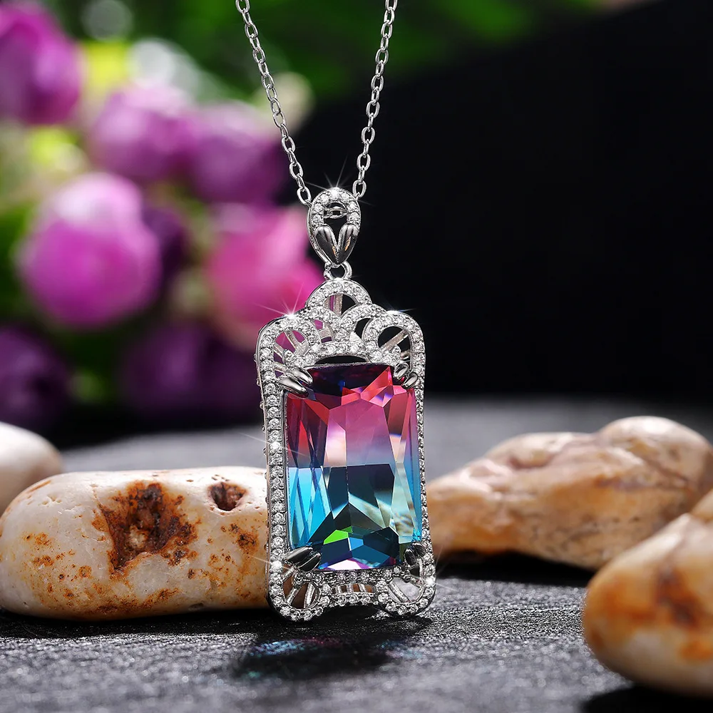 

2021 New Luxury Color Rectangle 925 Sterling Silver Neckalce for Woman Anniversary Gift Jewelry Wholesale X6898