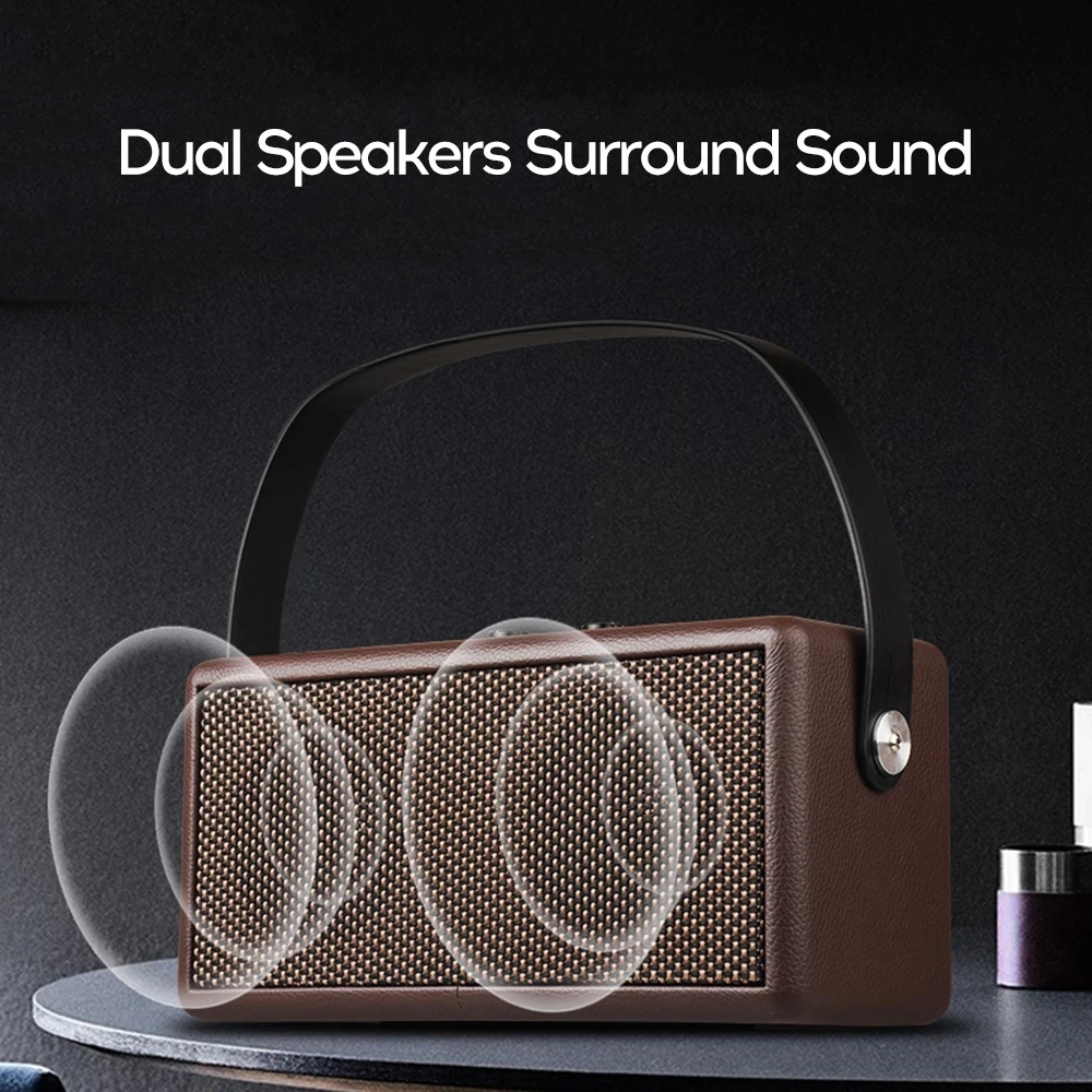 Портативная ретро деревянная Bluetooth колонка D30 с мощным басом, высокой громкостью, кожаной ручкой и поддержкой аудио на TF-карте, U-диске, AUX для музыки.