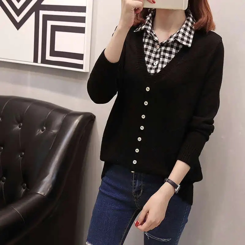 Свитер с воротником-стойкой женский свитер имитацией двух частей свободный