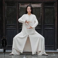 traditional chinese women kung fu uniform linen tea set sprin yaga tang suit tai chi robes female oriental long sleeve hanfu