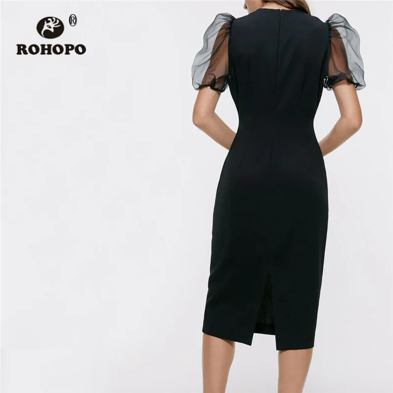 ROHOPO Tulle Puff рукав круглый воротник назад подол скольжения Bodycon черное женское платье-миди элегантные тонкие Вечерние платья#9352