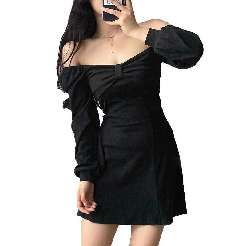 

Autumn Women Bow Little Black Dress Hepburn Sexy Square-neck Korean-style Temperament Strapless Slimming A-line Short Dress